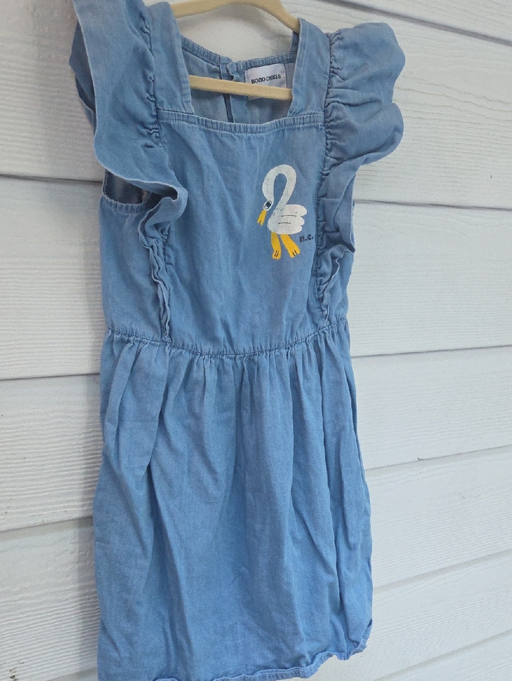 Bobo Choses Light Blue Chambray Dress with Swan Motif